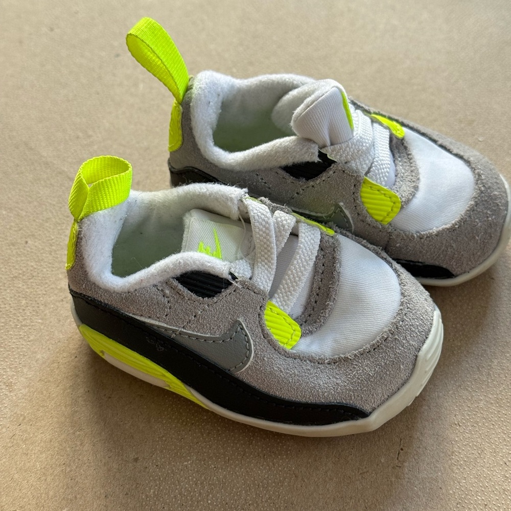 Nike Air Max 90 Infant Gray and Neon Green (Volt) Crib Shoe, size 2c